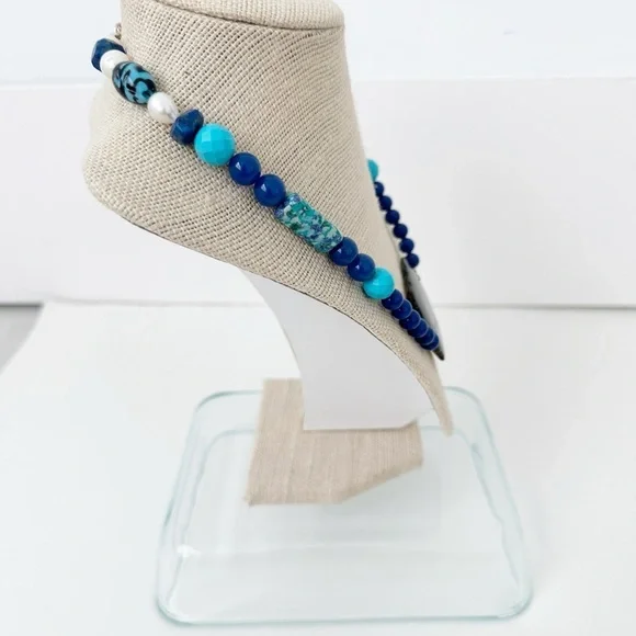 NWT Genuine Lapis Lazuli, Agate, Pearls & Glass Beads Necklace Blue White